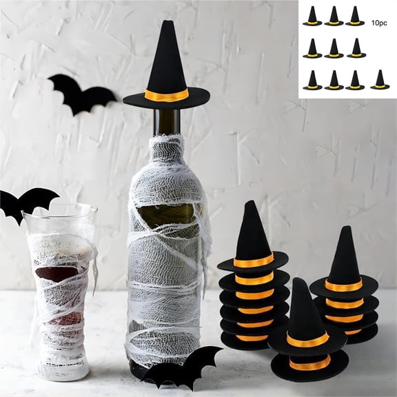 10-Pack Mini Witch Hat Wine Bottle Toppers, Cotton Felt Halloween Party Decor, Reusable Spooky Bottle Caps for Centerpiece Photo Prop, Funny Halloween Gift & Bar Accent