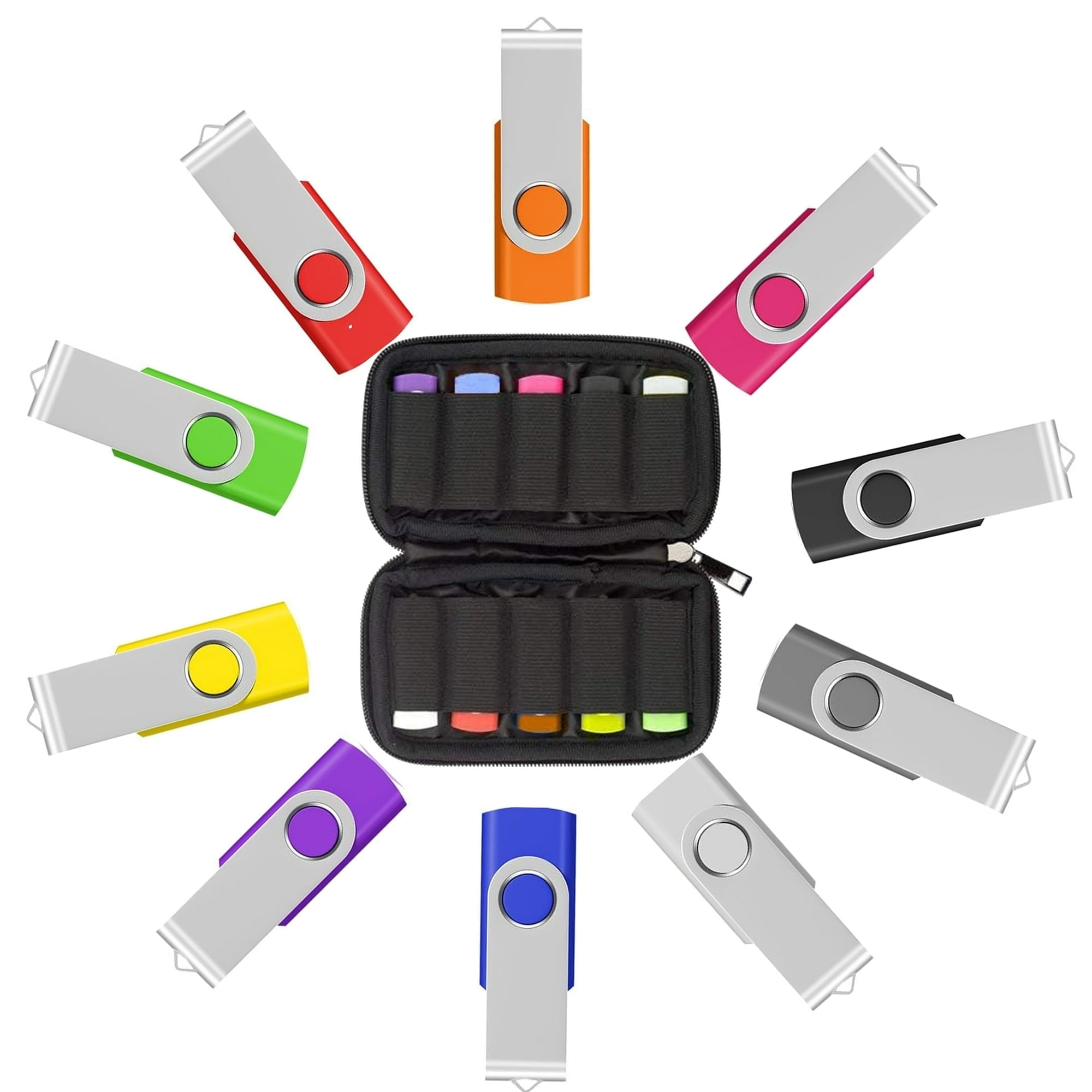 10 Pack Mixed Color 128GB USB2.0 Flash Drive with Black Storage Case
