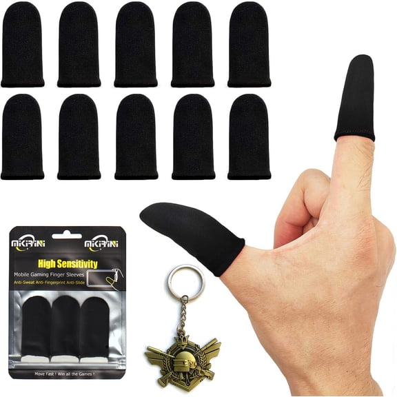 10 Pack Mobile Phone Gaming Finger Sleeves with Storage Case and Battlefield Key Chain, Finger Gloves Compatible with All Touchscreen Devices, 0.15mm Superconducting Nanofibers