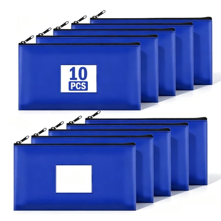 10 Pack Money Bags with Zipper, 11.5 x 6.2 in Blue PU Leather Bank Deposit Bags with Label Window, Cash Pouch for Bills, Receipts, Coins, Checks, Office Tools