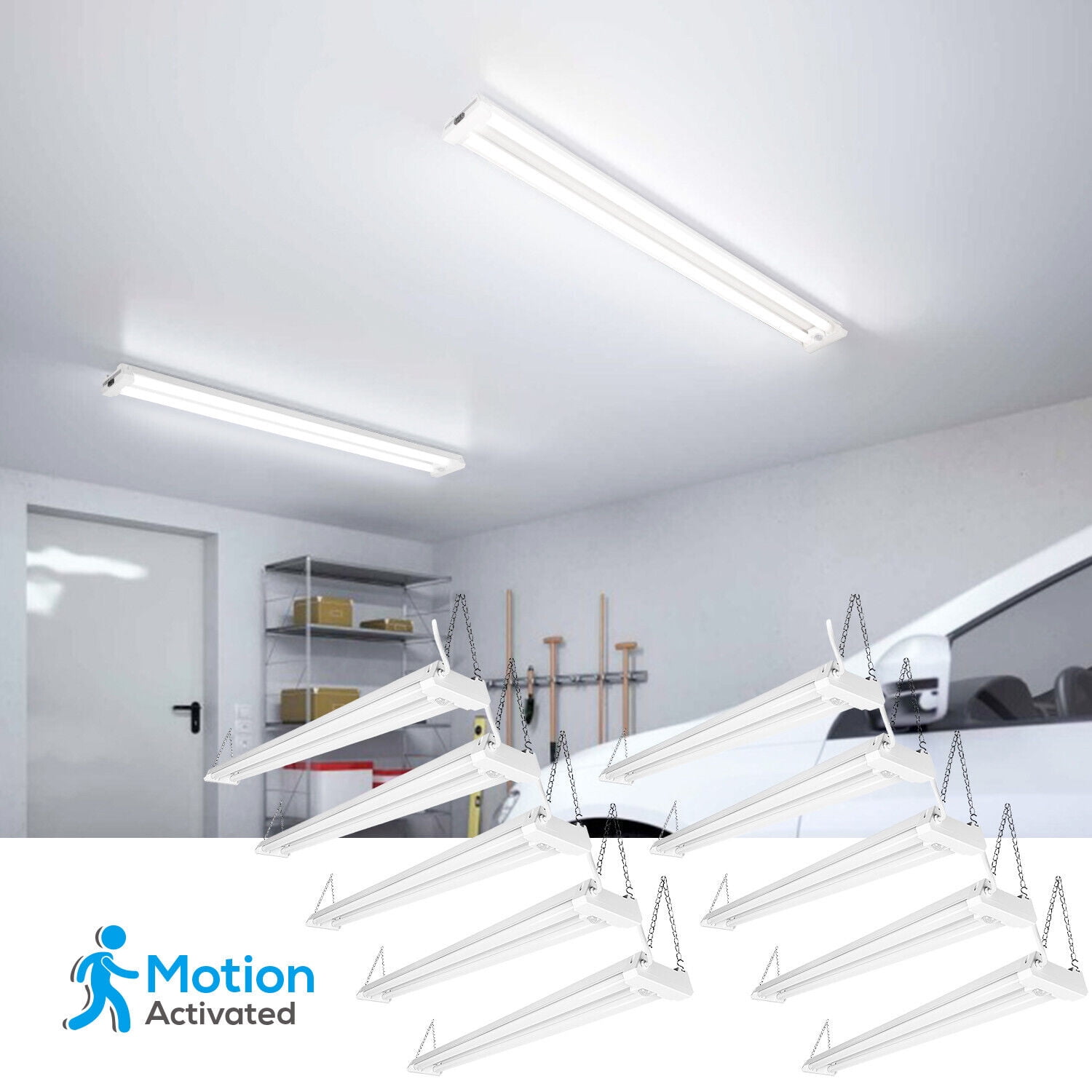 10 Pack Motion Sensor 4FT LED Utility Shop Light, 40W Plug in Linkable Light Fixtures, for Garage, Workshop, 4000lm, 5000K Daylight, Suspension & Flush Mount, FCC, ETL Certified