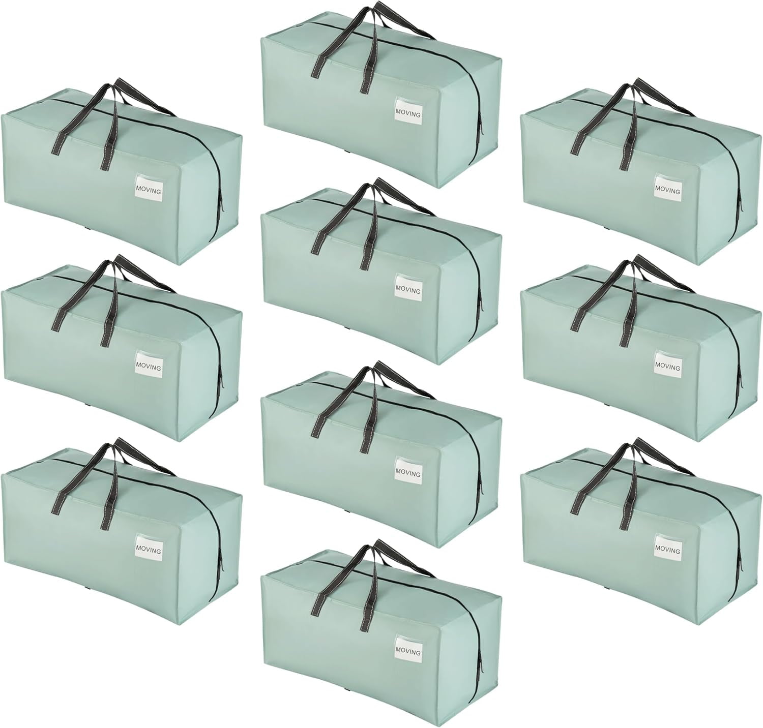 10 Pack Moving Bags w/Backpack Straps, Heavy Duty, Moving Boxes Alternative, Zipper for Clothes (Light Green Matte, 10 Pack)