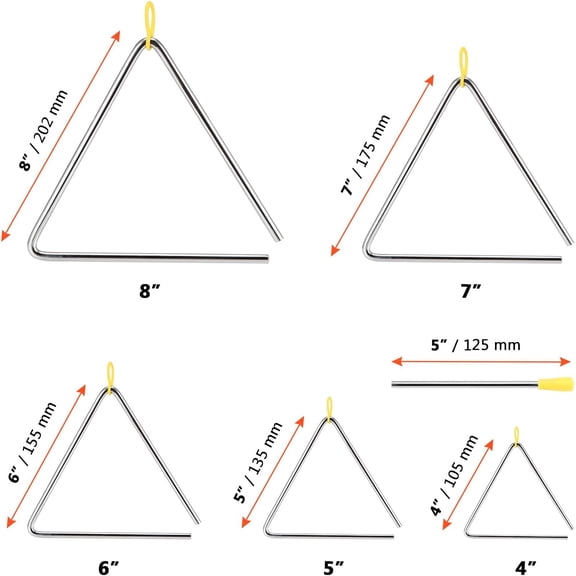 10-Pack Music Steel Triangles, 4, 5, 6, 7, 8 Inch Triangle Instrument with Striker and Finger Clip, Triangle Hand Percussion Instrument for Music Learning and Teaching