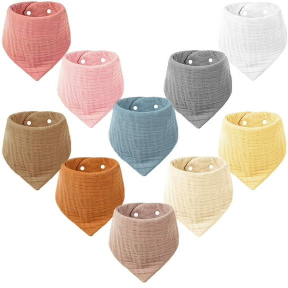 10 Pack Muslin Baby Bibs, Soft Cotton Triangular Baby Bandana Drool Bibs for Unisex Boys Girls, Baby Essentials, 10 Solid Colors Set for Teething Drooling