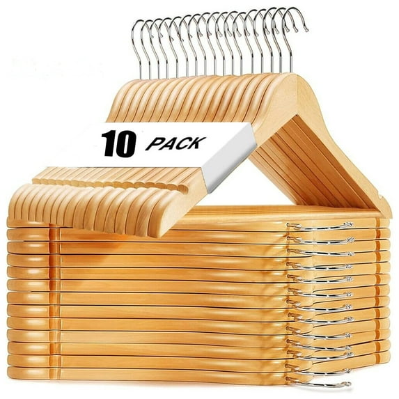 10 Pack Premium Natural Wood Clothes Hangers, Durable Wooden Hangers for Coats, Jackets, Dresses, Pants, and Shirts
