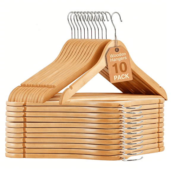 10 Pack Premium Natural Wood Clothes Hangers, Durable Wooden Hangers for Coats, Jackets, Dresses, Pants, and Shirts