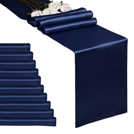 YMHPRIDE 10 Pack 108" x 12" Navy Blue Satin Table Runners Reversible for Wedding and Party DvÉ¬©cor