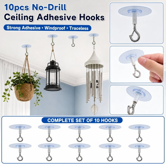 10 Pack No-Drill Ceiling Hooks Round Adhesive Hooks Strong Stick Clips for Hanging Plants Party Lights Easter Decorations and Home Ceiling Organization Set