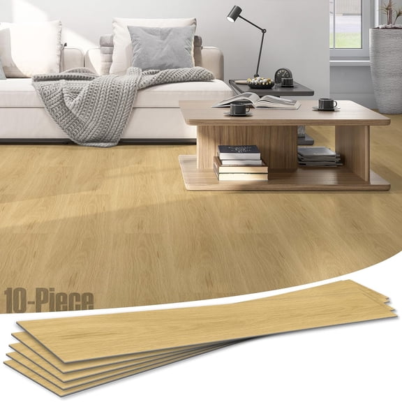 Set of 10 sound-absorbing floor tiles, 48 x 7.3 inches, Sandstone Birch color, wood-grain pattern, adhesive-free, suitable for bedrooms and living rooms