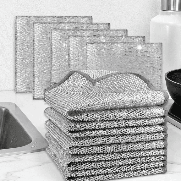 10 Pack Non-Scratch Steel Wire Dish Cloths, Quick Dry Wet Dry Kitchen Scrub Towels, Multi-Purpose Cleaner for Dishes, Cookware, Sinks & Stoves