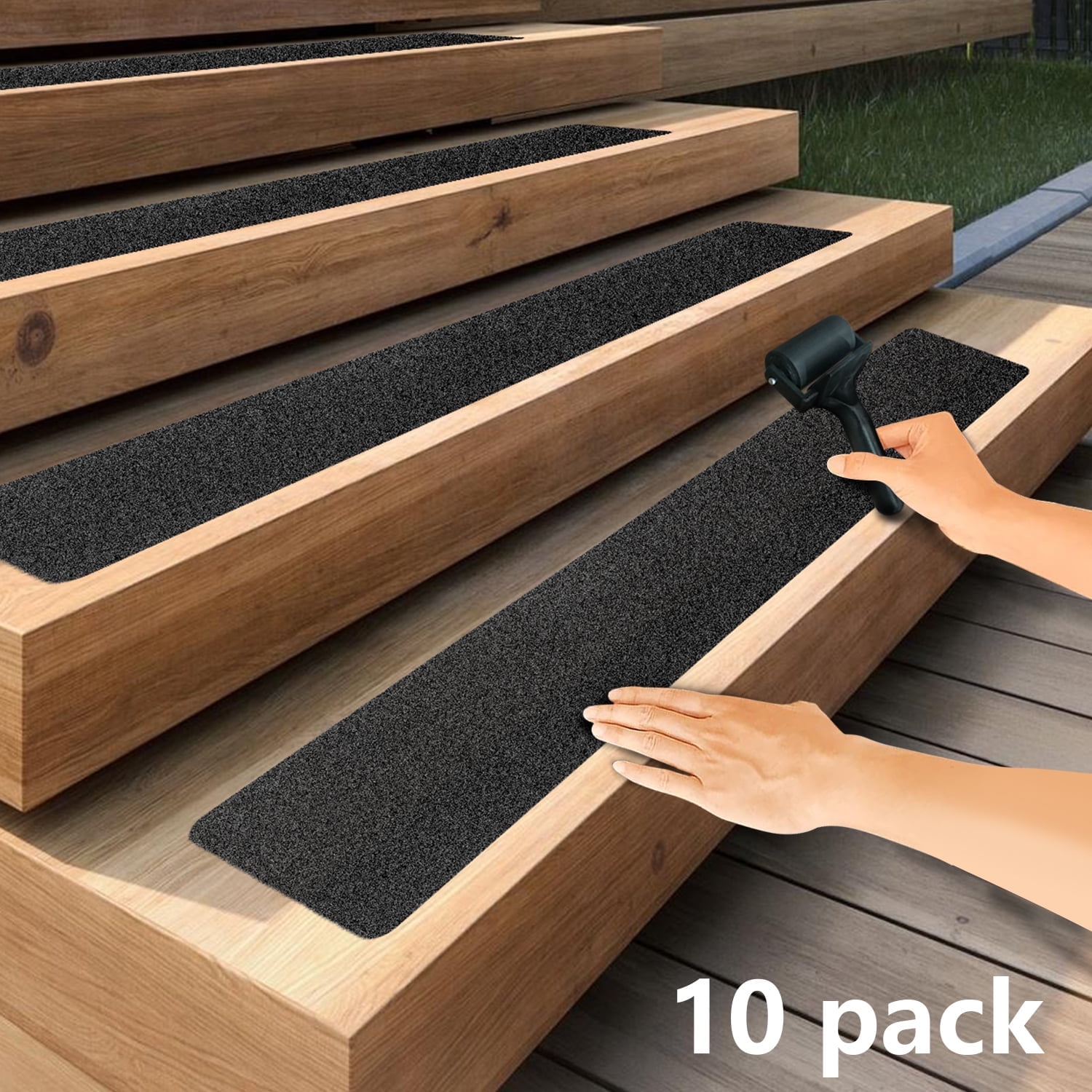 10 Pack Non-Slip Outdoor Stair Treads - 6 X 24 Adhesive Tape - For Steps, Stairs and Heavy Duty Grip Tape - Matching Black Rollers