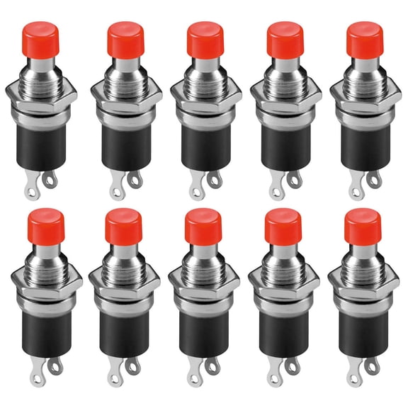 10 Pack Normally Open Momentary Switch with Round Red Button, 2-Pin Solder Lug Termination
