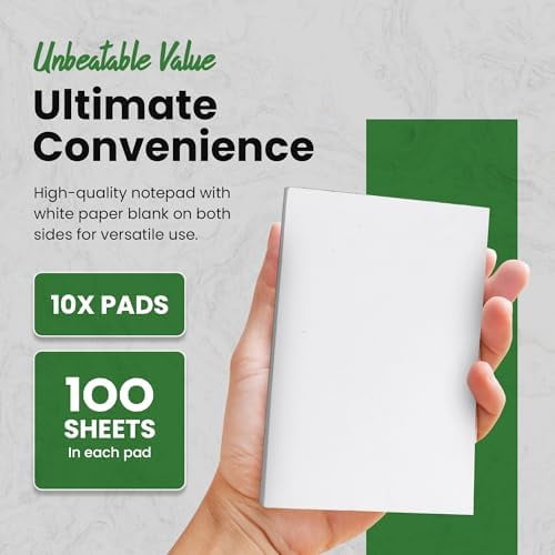 10 Pack Note Pads 4x6 | 100 Sheets Per Memo Pad | Server Note Pads | Scratch Pads for Writing | White Blank Notepads in Bulk | Small Notepad | Paper Pads for To Do Grocery List