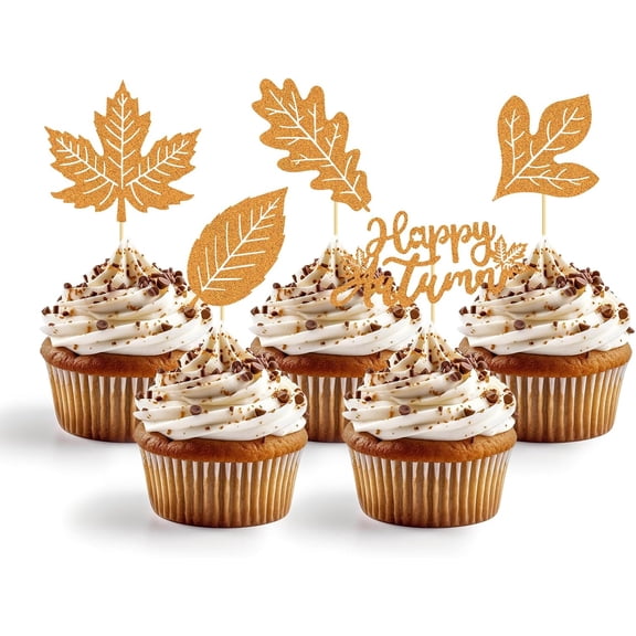 10 Pack Orange Glitter Autumn Leaf Cupcake Toppers, Maple Oak Leaf Picks for Fall Thanksgiving Party Cake Decorations Supplies