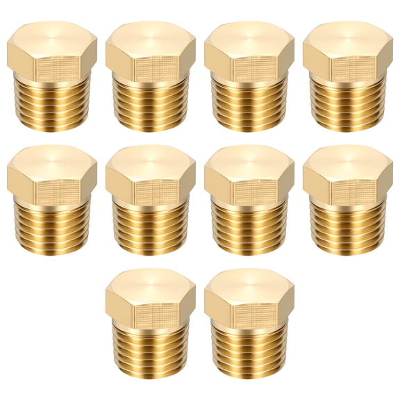 10 Pack Outer Hex Head Socket Pipe Plug Fitting, 1/4" NPT Male Threaded End Cap, Brass Outer Hex Thread Pipe Fittings for Water Pump, Engine, Industrial Piping