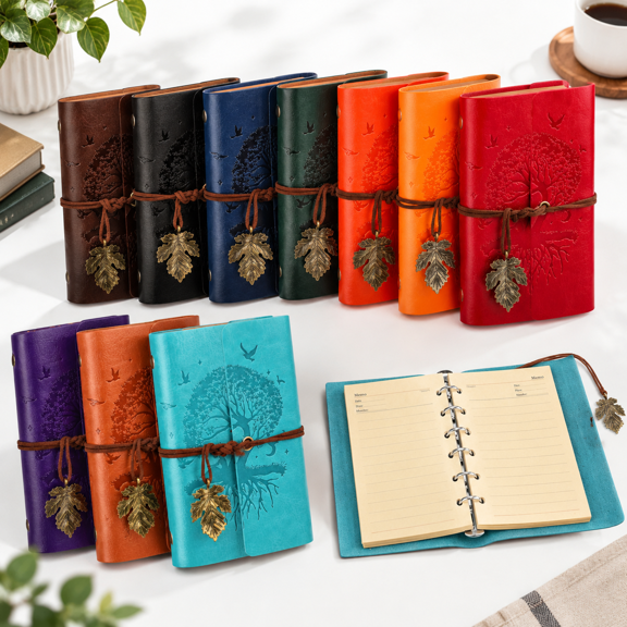 10-Pack PU Leather Refillable A7 Journals, 3.9'' x 5.7'', Lined Pages, Tree Pattern, Daily Writing Notebooks