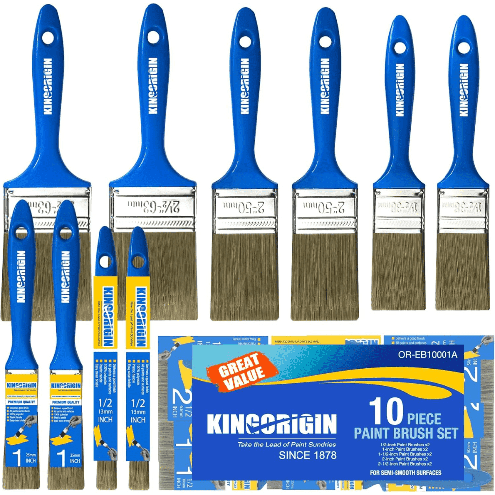 10-Piece Paint Brush Set, 0.5" 1" 1.5" 2" 2.5" Mixed Sizes, Blue Plastic Handle, for Walls, Trim & Furniture