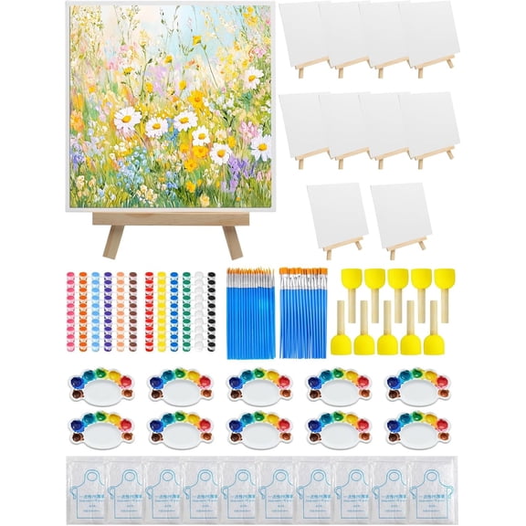 10 Pack Painting Supplies Kit, Acrylic Paint Set with Canvas Boards, Easels, Brushes & Paint Trays, Sip and Paint Art Kit for Party, Craft Class and Group Painting Sets