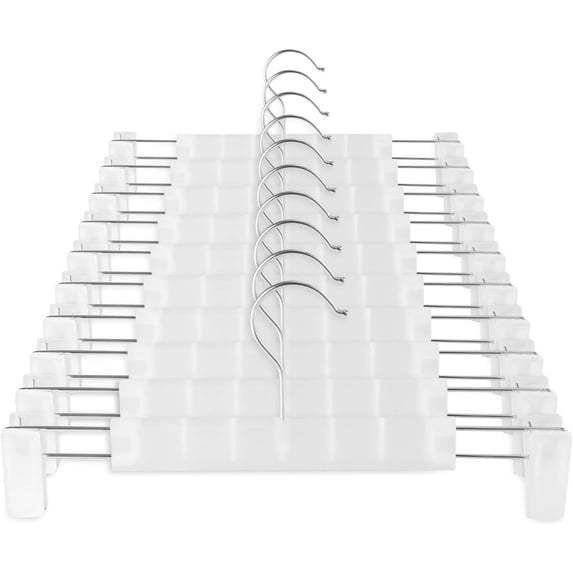 10 Pack Pants Hangers with Clips, 12 Inch Plastic Skirt Hangers, Non Slip Adjustable Clips for Pants, Jeans, Shorts - Secure Grip Closet Hangers for Heavy Clothes