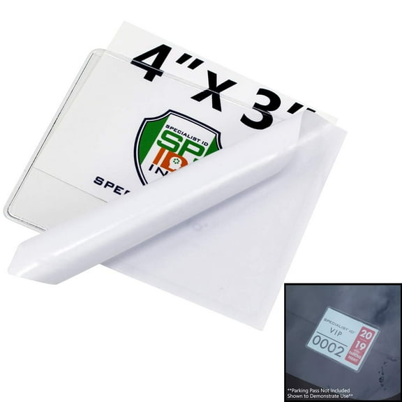 10 Pack - Parking Permit Holder for Car Windshield - Clear Adhesive Parking Tag Pouch - Vinyl Plastic Protector for Large Parking Placard, Pass, Decal or Sticker (4 x 3) by Specialist ID