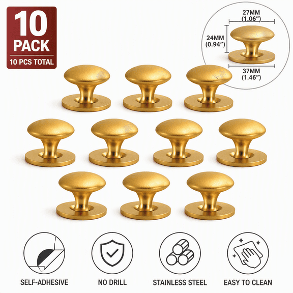 10-Pack Peel and Stick Cabinet Knobs (Flash Gold), 24x37mm Stainless Steel Self-Adhesive Drawer Pulls for Glass Doors & Furniture