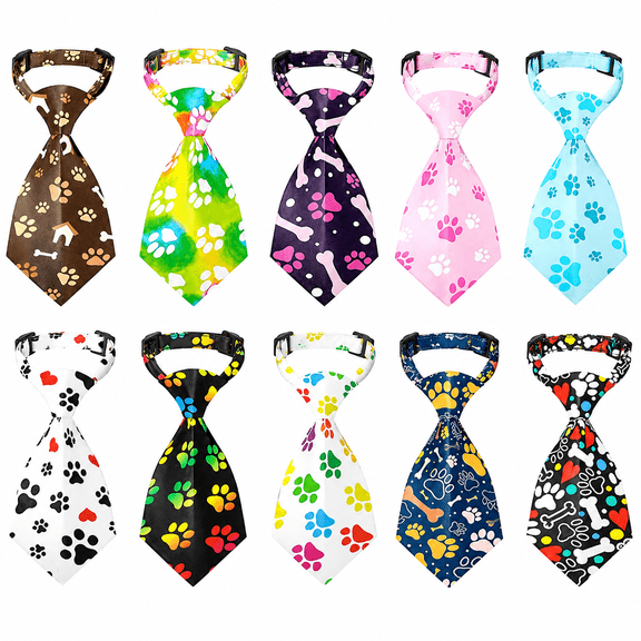 10 Pack Pet Neckties, Adjustable Dog and Cat Neck Ties with Paw and Bone Prints