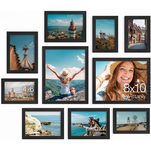 10 Pack Picture Frames Collage Wall Decor, Gallery Wall Frame Set for Wall or Tabletop Display, Engineered Wood and Shatter-resistant Plexiglass, Multi Sizes with 8x10, 5x7, 4x6 Frames, Black