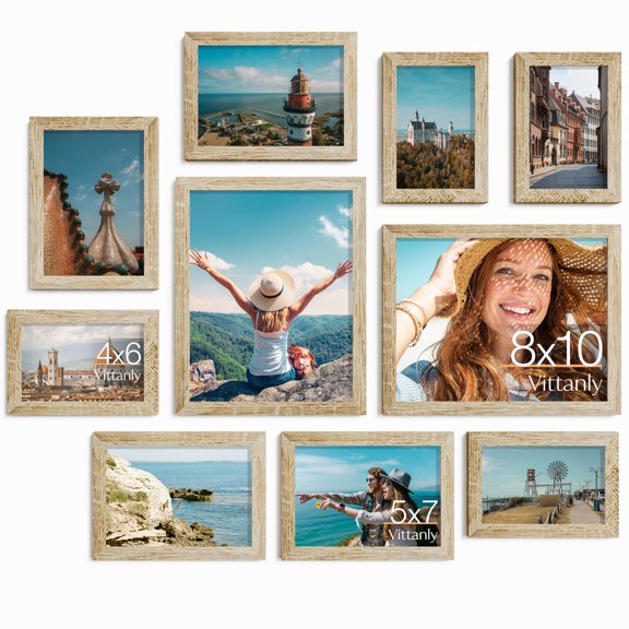 10 Pack Picture Frames Collage Wall Decor, Gallery Wall Frame Set for Wall or Tabletop Display, Engineered Wood and Shatter-resistant Plexiglass, Multi Sizes with 8x10, 5x7, 4x6 Frames, Brown