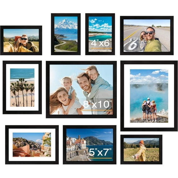 10 Pack Picture Frames Collage Wall Decor for Mounting or Tabletop Display, Gallery Wall Frame Set with Two 8x10 Black Frames, Four 5x7 Frames and Four 4x6 Frames, Multi-Pack Photo Frame Set