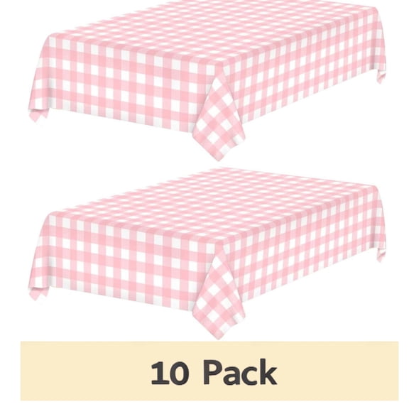 10-Pack Picnic Tablecloth, Pink Plastic Table Cloths for Parties Disposable, 54x108 in Waterproof Rectangular Pink Gingham Camping Tablecloth for Birthday, Party, Baby Shower