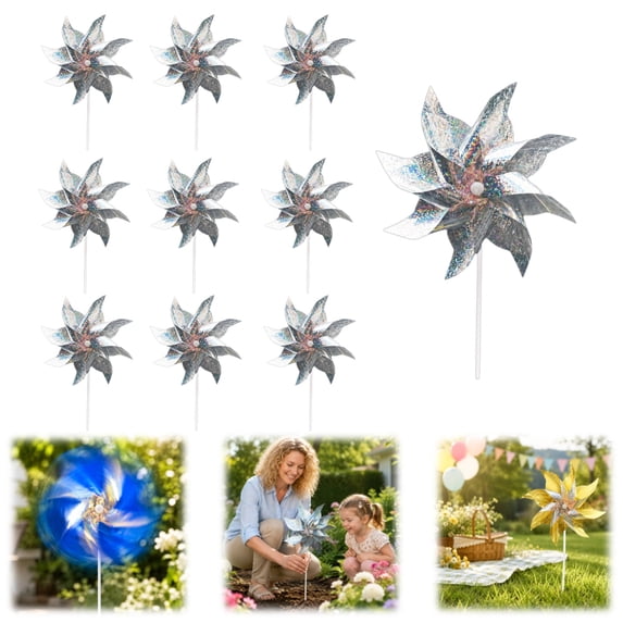 10 Pack Pinwheels for Yard and Garden, Reflective Pinwheels Bird Deterrents for Outside Wind Mill for Yard Garden Outdoor Bird Deterrent Devices for Patio Farm Orchard Silver Floral,7.48x15.55in
