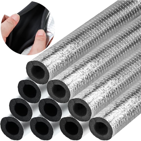 10 Pack Pipe Insulation Foam Tube, Self-Adhesive Aluminum Foil Pipe Covers, Pre-Slit Foam Wrap 1.31 Ft x 3/4 Inch for Outdoor Pipes, Sprinkler, Water Heater Freeze Protection