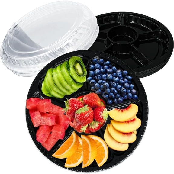 10 Pack Plastic Appetizer Trays with Lid,Disposable Clear Divided Serving Tray,6 Sectional Round Food Storage Container Platter for Party,Snack,Fruit,Vegetable