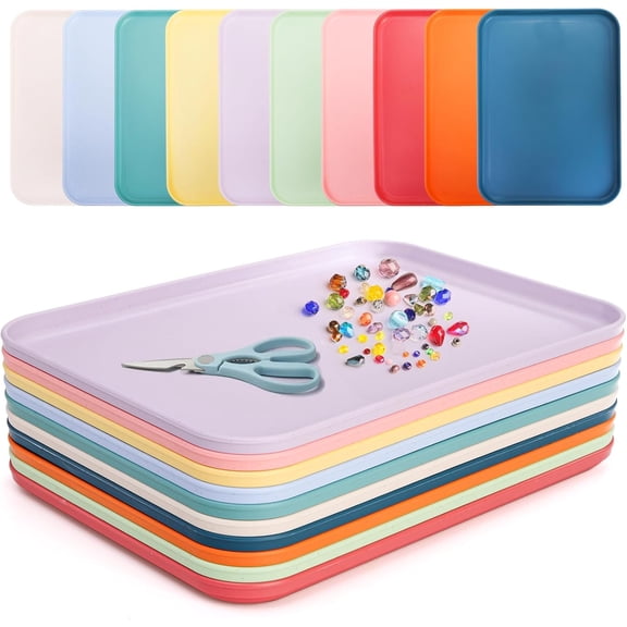 10 Pack Plastic Art Trays, Stackable Activity Crafts Organizer Tray, 12 x 8.6 Inch Fast Food Cafeteria Serving Platter for DIY Projects, Painting, Beads