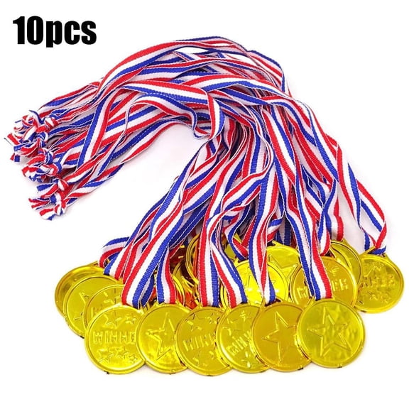 10-Pack Plastic Award Medals for Kids, Gold Achievement Awards with Neck Ribbons for Sports and Parties