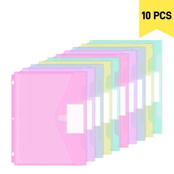 10 Pack Letter Size Binder Pockets, Plastic Pocket Folders with Label Slot, 3 Hole Side Loading Binder Dividers with Pockets for School & Office