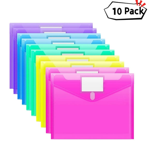 10 Pack Plastic Envelopes File Folders, Colored Folder for Documents Organizer with Label Loose-Leaf Transparent, Clear Filing Folders for Office School Paper Storage, Letter Size 5 Colors