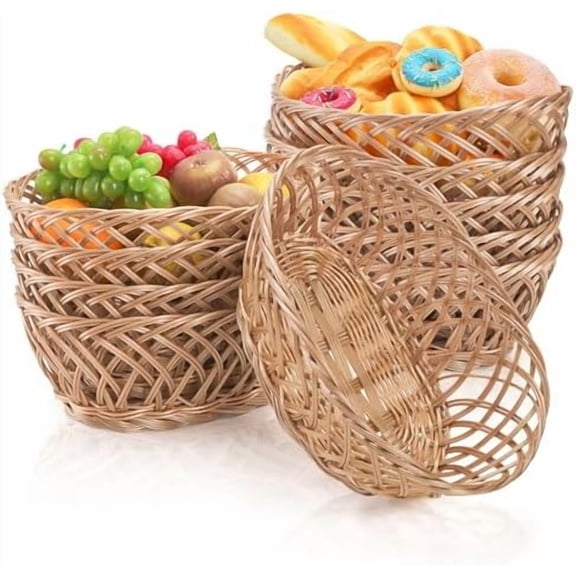 10 Pack Plastic Oval Basket, 10"x7.5"x4" Wicker Bread Basket Bin, Small Empty Food Fruit Storage Serving Bowl, Gift Basket Bulk for Kitchen Restaurant Party Centerpiece Display Christmas