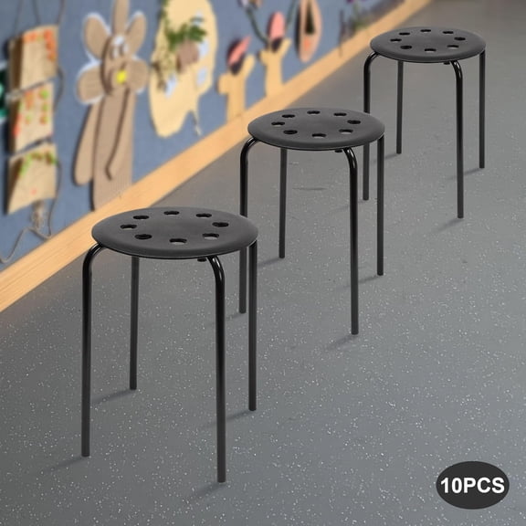 10 Pack Plastic Stackable Stools Set with Metal Frame 17" Portable Stacking Chairs Backless Black Stool with Round Top Flexible Seating Stool for Office Home