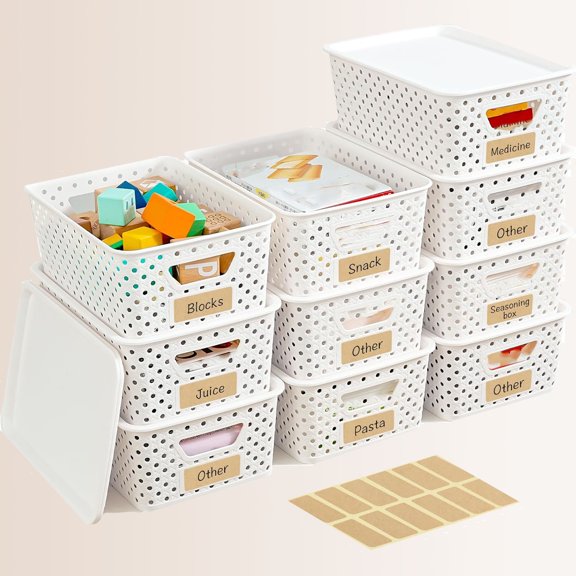 10 Pack Plastic Storage Bins with Lids, Stackable Plastic Storage Baskets for Organizing with Handles, Organizer Bins with Labels for Room, Craft, Containers for Pantry Organizers and Storage