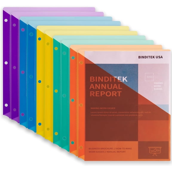 10 Pack Poly Slash File Jackets for 3 Ring Binder, 3-Hole Punched Binder Pockets Organizer, Letter Size, 5 Assorted Colors, for Students and Coworkers