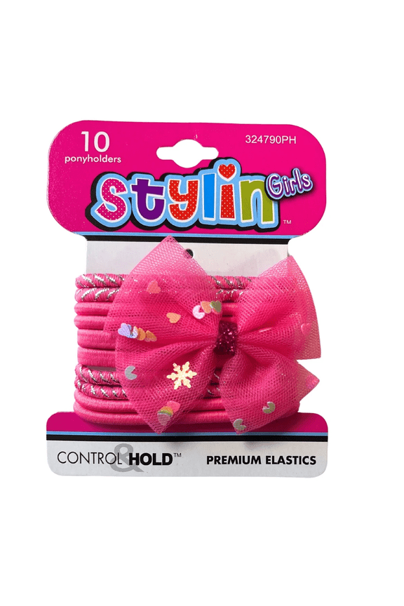 10 Pack Ponyholders with Mesh Bow, Glitter Accents, Elastic Bands, Gentle No Snag Hair Ties in Shades of Pink, Cute Durable Hold for School, Playdates, Parties, Special Occasions, Pink