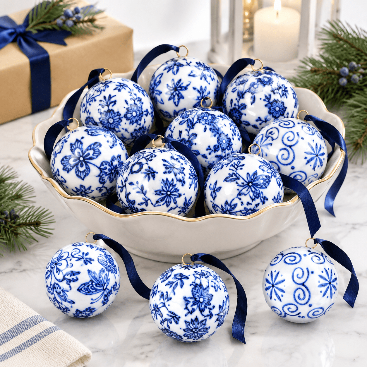 10 Pack Porcelain Balls Chinoiserie Ornaments, 2 Inch, Blue White ...