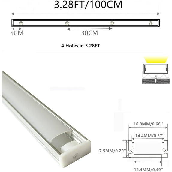 10-Pack Pre-Drilled Countersunk Hole 3.3FT LED Strip U Channel Diffuser, Hacksaw Easy Cut Tight and Flush Mounted Under Cabinet Tape Light Aluminum Low with Screw and End caps (10)
