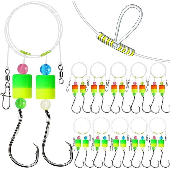10 pack Pre-Rigged Pompano Rigs for Surf Fishing Strong T-Knot with Cylindrical Floats 1/0 Circle Hooks