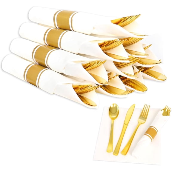 10 Pack Pre Rolled Gold Plastic Silverware Set,Wrapped Plastic Cutlery Set with Napkin Include 10 Forks,10 Spoons,10 Knives and 10 White Napkins for Party,Wedding,Birthday