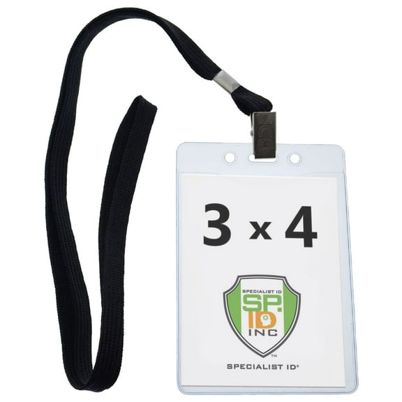 10 Pack - Premium 3x4 Name Badge Vertical with Lanyard - Clear Plastic Event Badge Sleeve with Lanyards for Events - Large Name Tag Holder 3 x 4 by Specialist ID (Black)