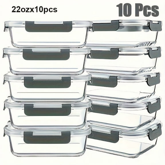 10-Pack Premium Glass Meal Prep Containers Set - Airtight, Leak-Proof, Microwave-Safe, Dishwasher-Safe, BPA-Free, Food-Grade Glass Lunch Boxes For Home Kitchen, Office, And Outdoor Use - Perfect