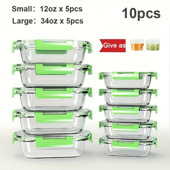 10-Pack Premium Glass Meal Prep Containers Set - Airtight, Leak-Proof, Microwave-Safe, Dishwasher-Safe, BPA-Free, Food-Grade Glass Lunch Boxes For Home Kitchen, Office, And Outdoor Use - Perfect