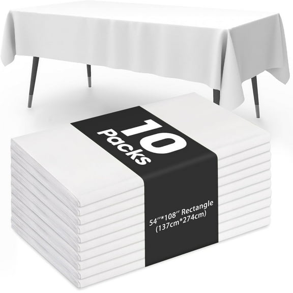 10-Pack Premium Plastic Tablecloth Disposable 54''x 108'', Table Cloth for Retangle Table, Table Cover for Parties, Picnics, Camping, Waterproof & Stain-Resistant, White